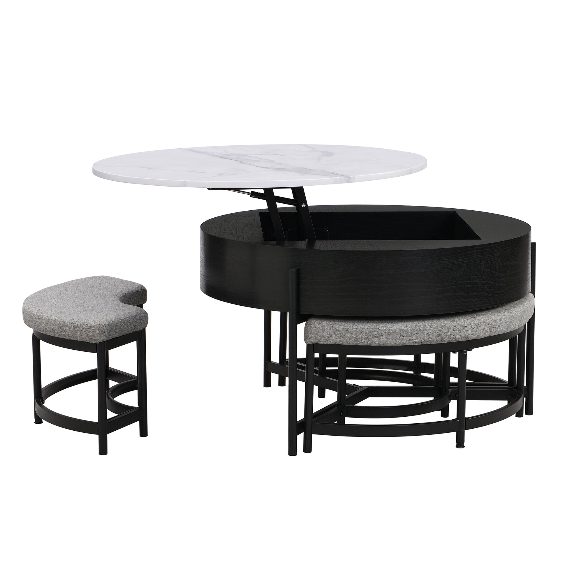 Modern Round Lift Top Coffee Table With Storage & 3 Ottoman White & Black Black Mdf