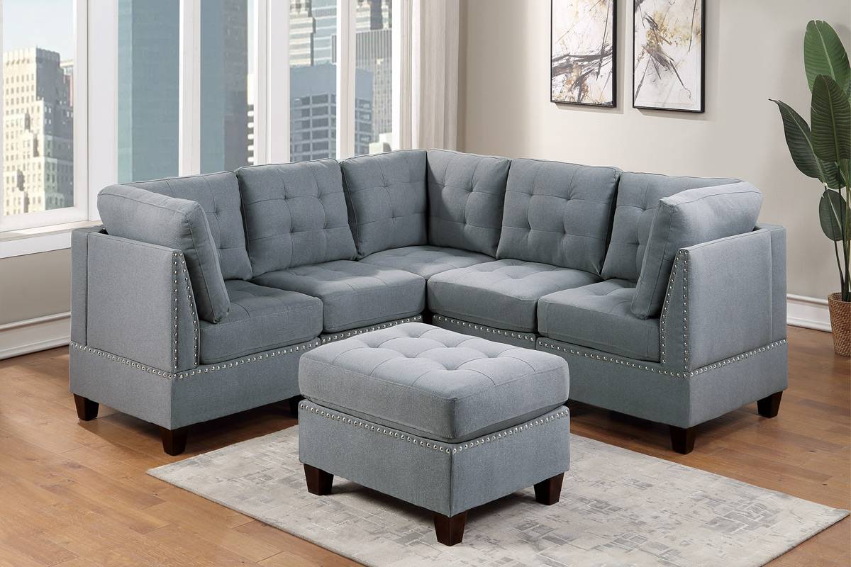 Modular Sectional 6Pc Set Living Room Furniture Corner Sectional Tufted Nail Heads Couch Gray Linen Like Fabric 3X Corner Wedge 2X Armless Chairs And 1X Ottoman Gray Primary Living Space Tufted Back Contemporary,Modern Modular Fabric 6 Seat