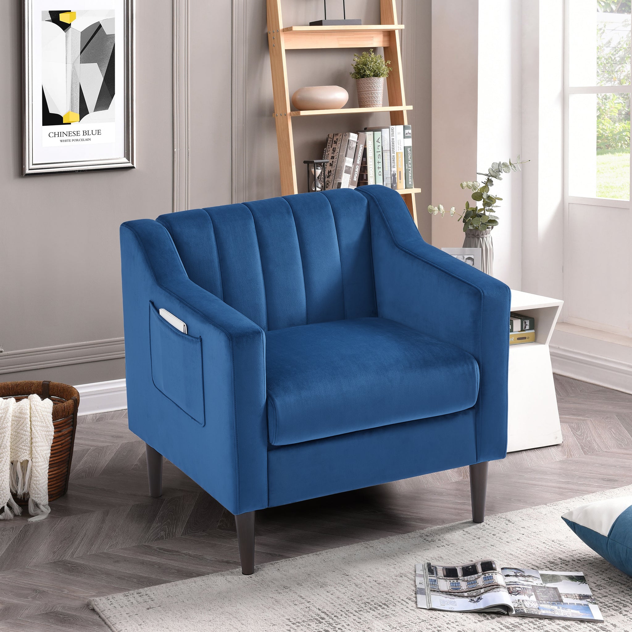 Modern Upholstered Tufted Accent Chair, Velvet Fabric Single Sofa Side Chair, Comfy Barrel Club Living Room Armchair With Solid Wood Legs For Bedroom Living Reading Room Office, Blue Blue Fabric