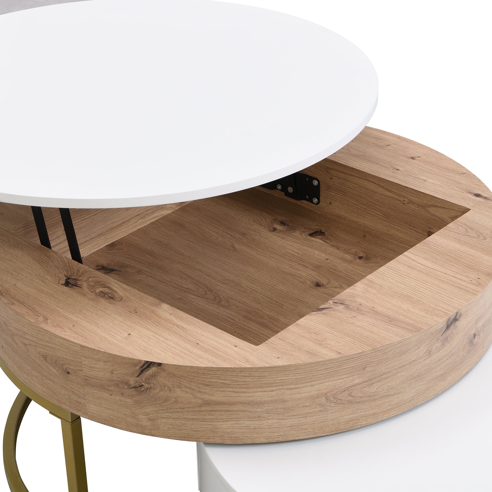 Modern Round Lift Top Nesting Coffee Tables With 2 Drawers White & Natural Oak Natural Wood Antique White Mdf