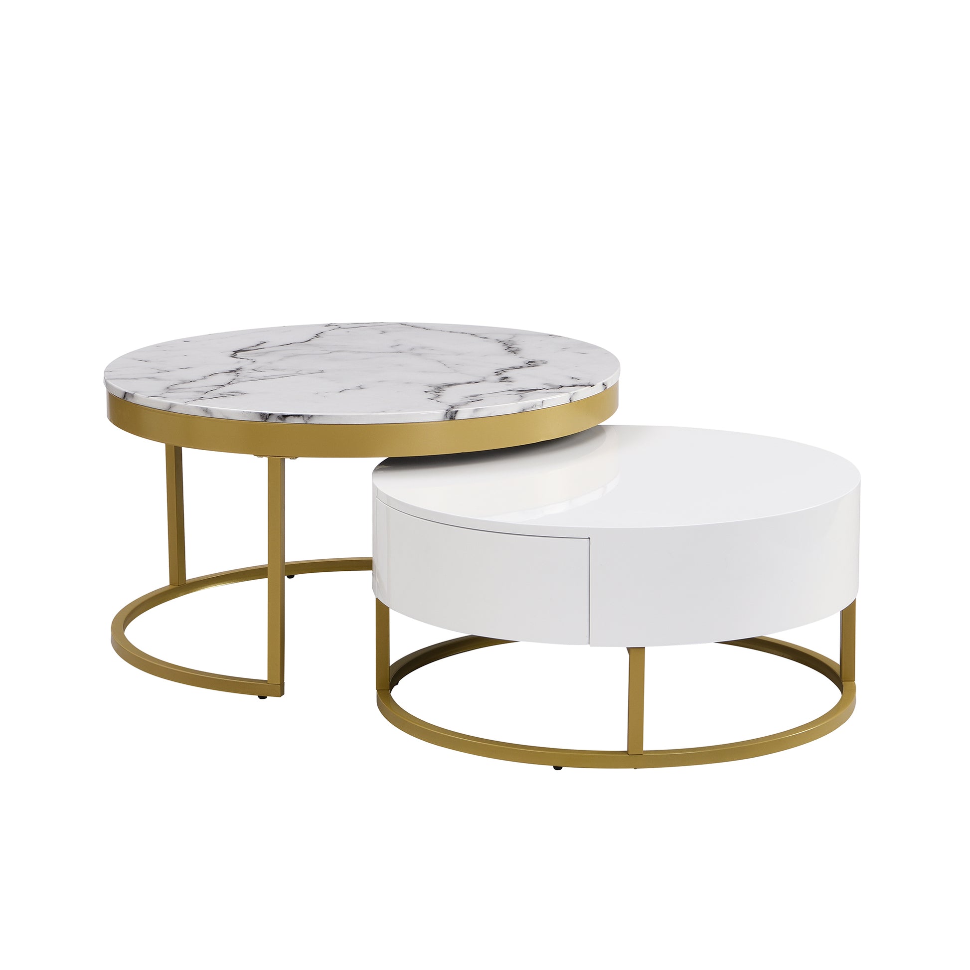 Modern Round Nesting Coffee Table With Drawers In White Golden White Mdf