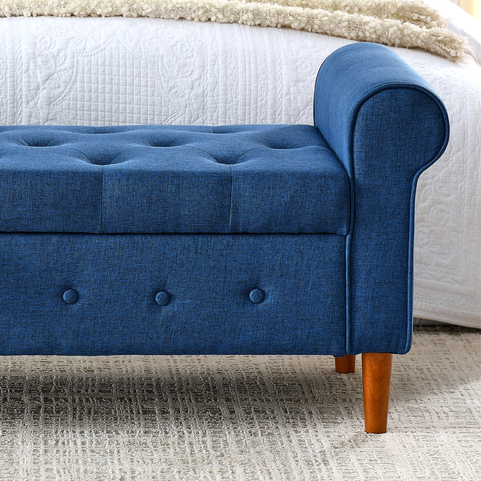 62" Bedroom Tufted Button Storage Bench, Modern Fabric Upholstered Ottoman, Window Bench, Rolled Arm Design For Bedroom, Living Room, Foyer Blue Blue Light Brown Primary Living Space American Design,Luxury Eucalyptus Foam Fabric