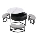 Modern Round Lift Top Coffee Table With Storage & 3 Ottoman White & Black Black Mdf