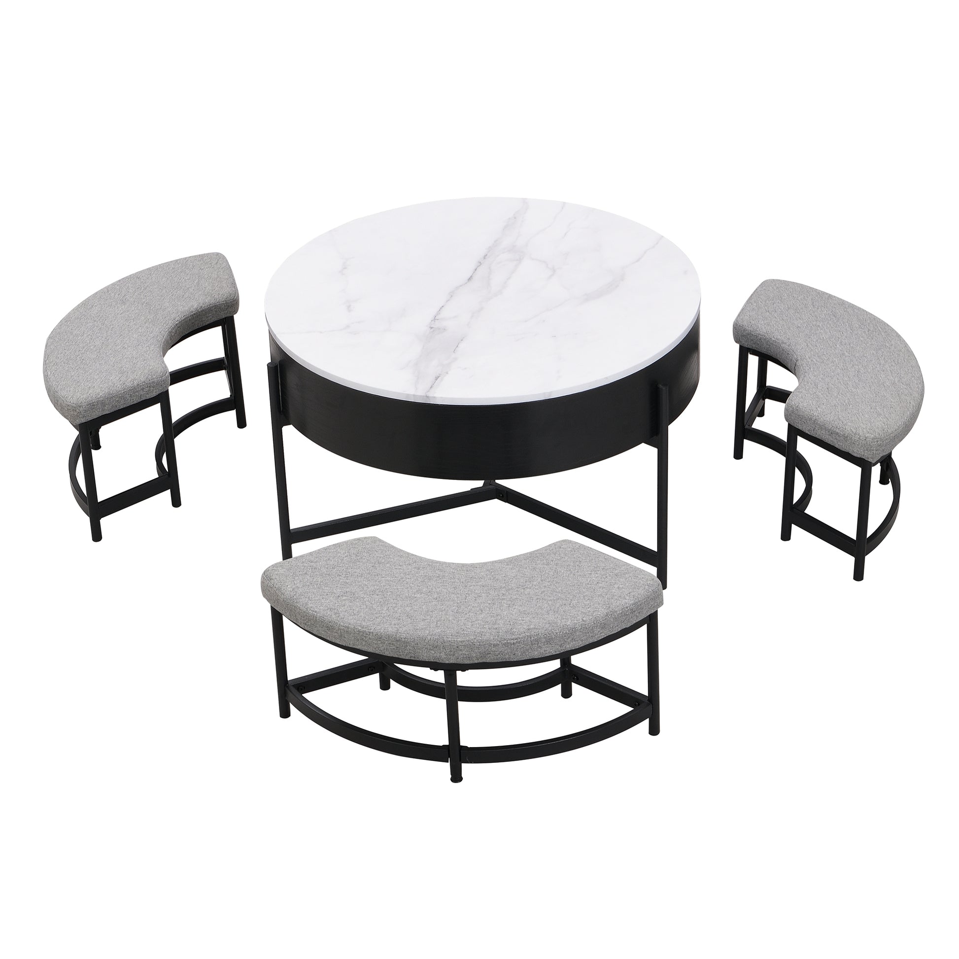 Modern Round Lift Top Coffee Table With Storage & 3 Ottoman White & Black Black Mdf