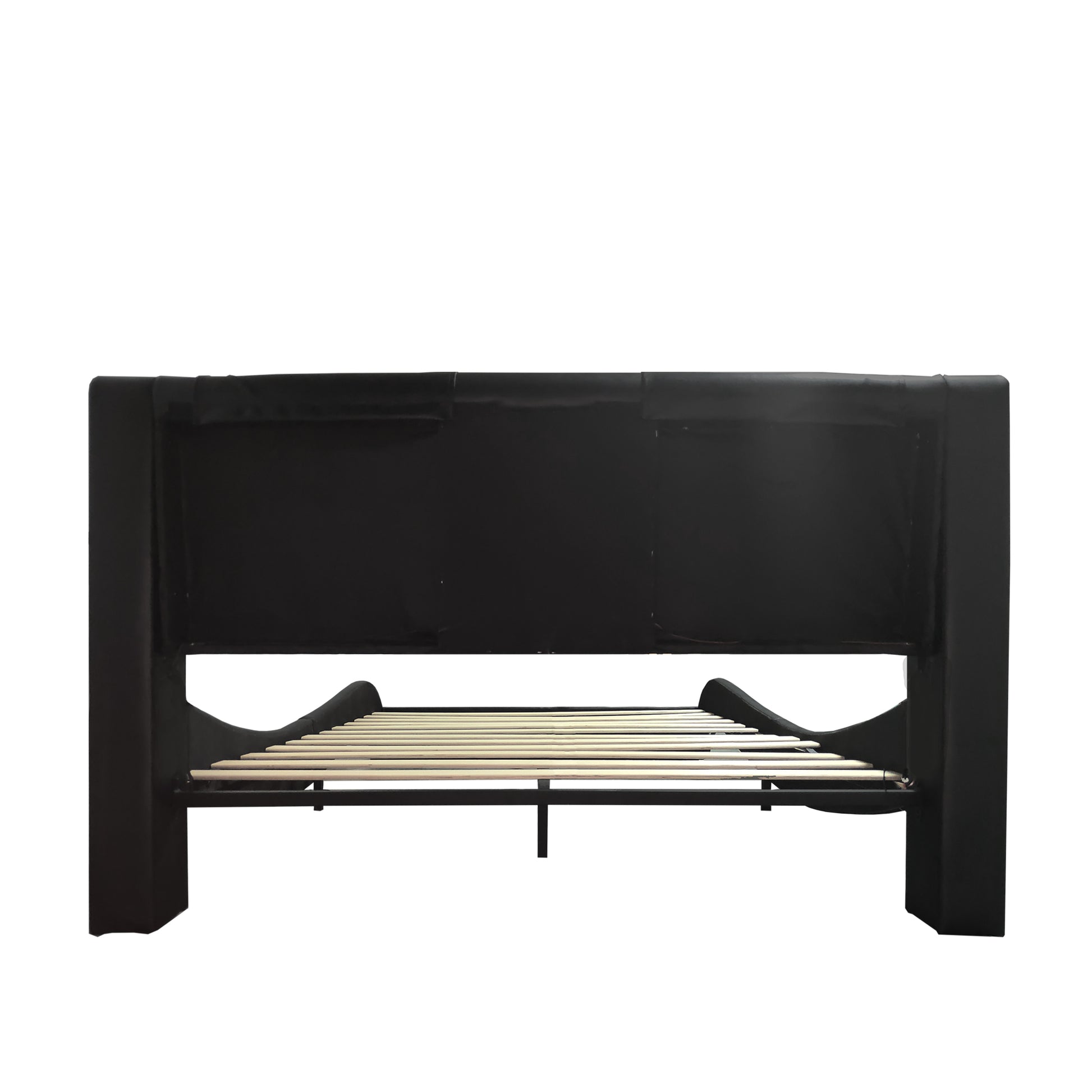 Faux Leather Upholstered Platform Bed Frame With Led Lighting, Bluetooth Connection To Play Music Control, Backrest Vibration Massage, Curve Design, Wood Slat Support, Exhibited Speakers,Queen Queen Black Mdf