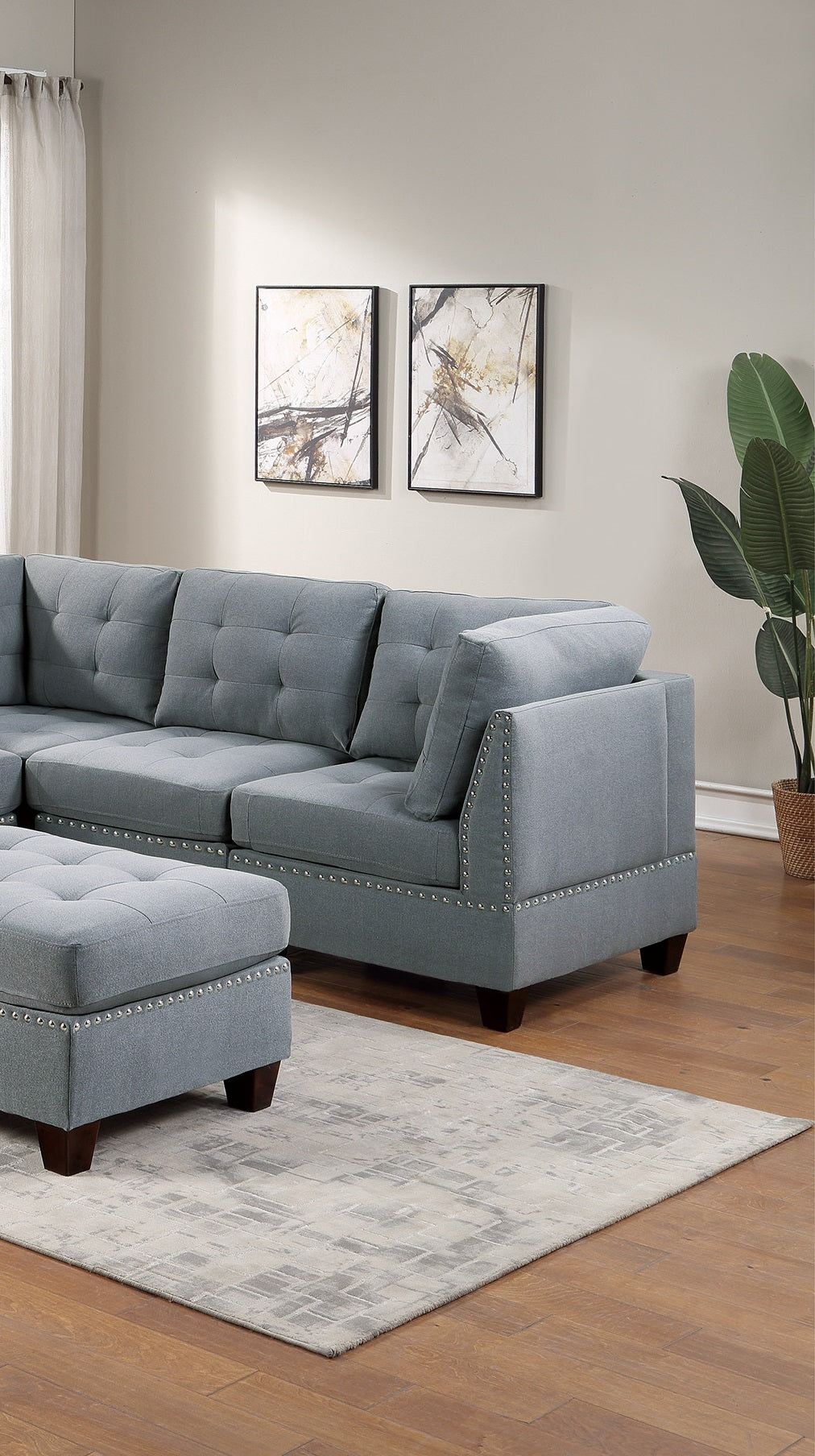 Modular Sectional 6Pc Set Living Room Furniture Corner Sectional Tufted Nail Heads Couch Gray Linen Like Fabric 3X Corner Wedge 2X Armless Chairs And 1X Ottoman Gray Primary Living Space Tufted Back Contemporary,Modern Modular Fabric 6 Seat