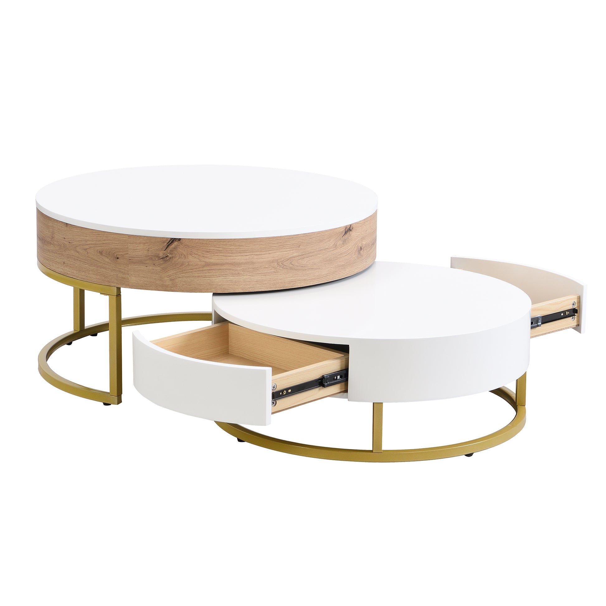 Modern Round Lift Top Nesting Coffee Tables With 2 Drawers White & Natural Oak Natural Wood Antique White Mdf