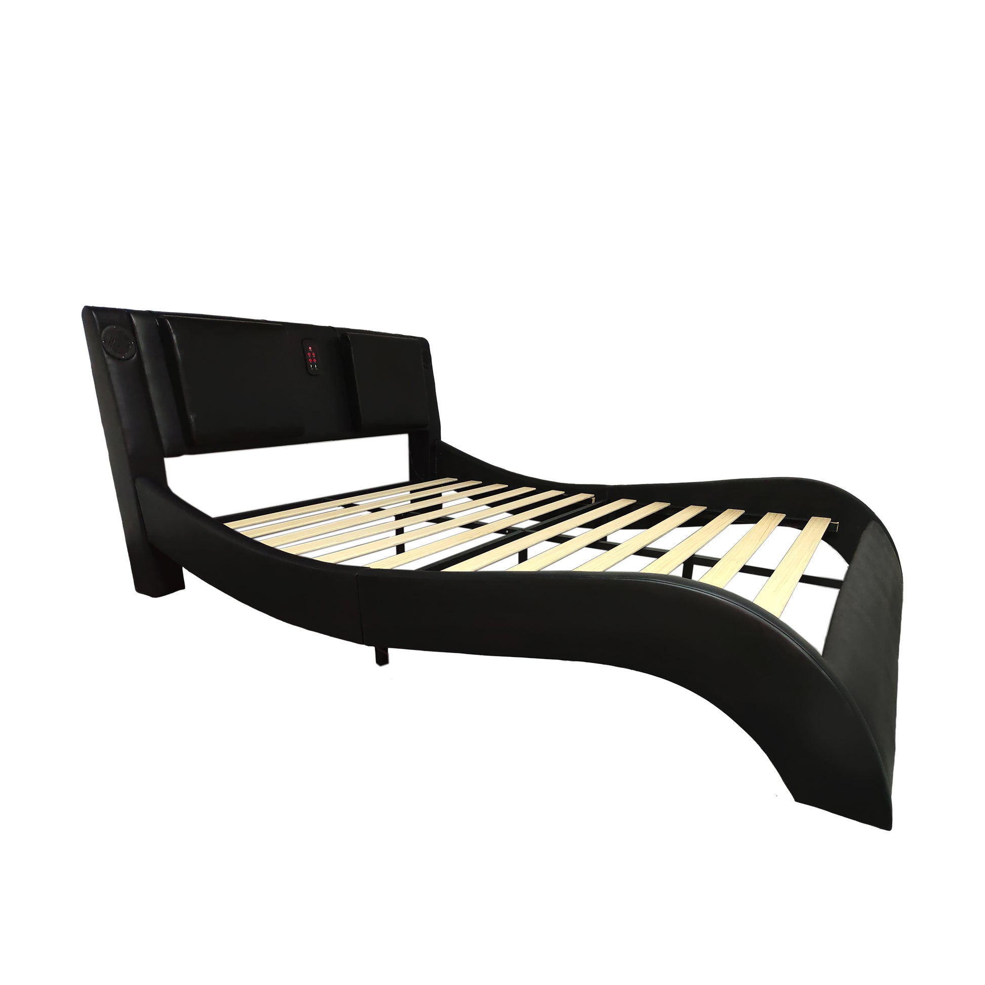 Faux Leather Upholstered Platform Bed Frame With Led Lighting, Bluetooth Connection To Play Music Control, Backrest Vibration Massage, Curve Design, Wood Slat Support, Exhibited Speakers,Queen Queen Black Mdf