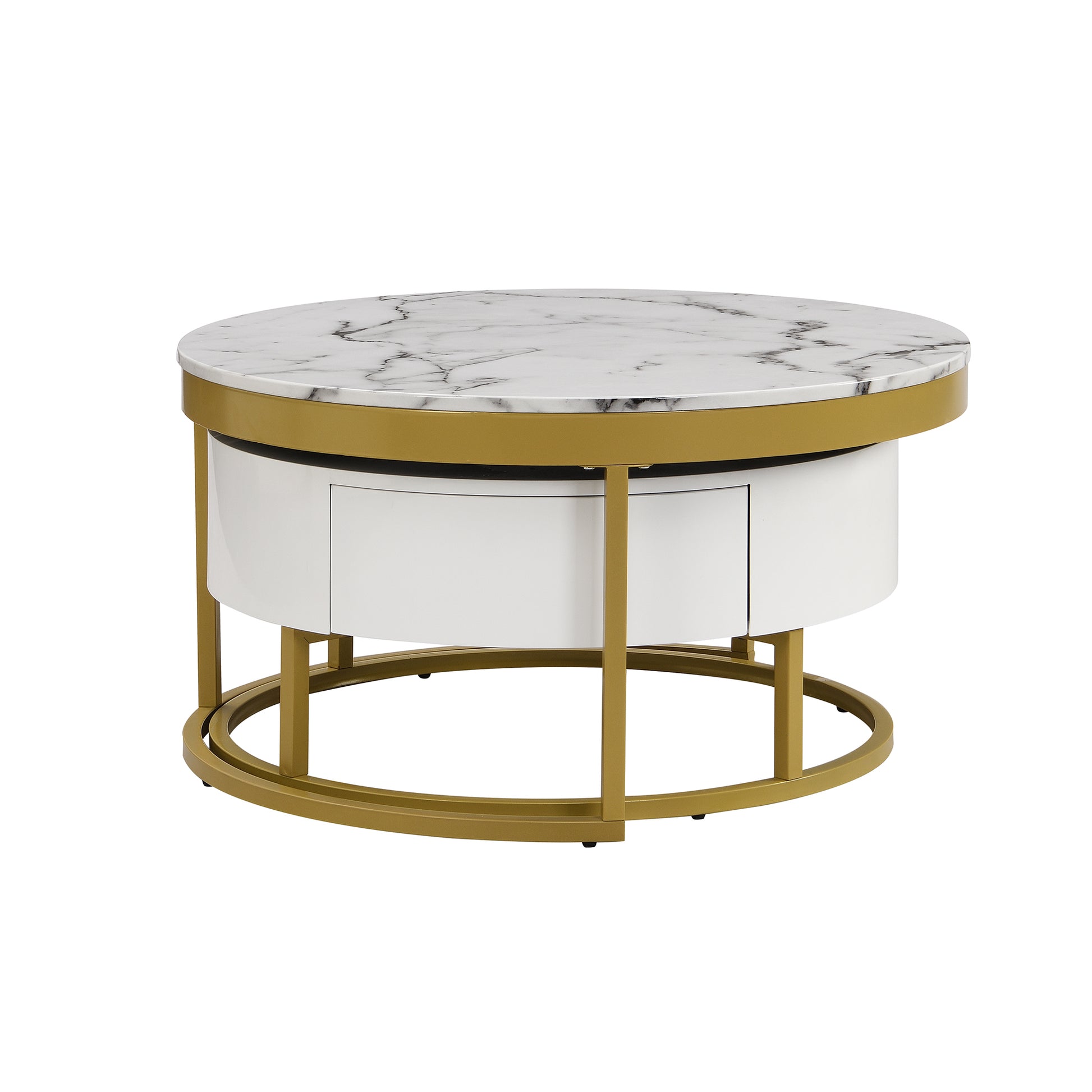 Modern Round Nesting Coffee Table With Drawers In White Golden White Mdf