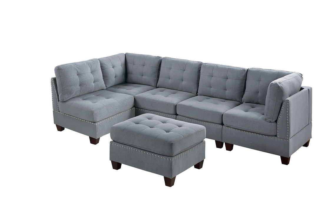 Contemporary Modular Sectional 6Pc Set Living Room Furniture Corner Sectional Gray Linen Like Fabric Tufted Nail Heads 2X Corner Wedge 3X Armless Chair And 1X Ottoman Gray Linen Primary Living Space Tufted Back Contemporary,Modern Modular Fabric 6 Seat