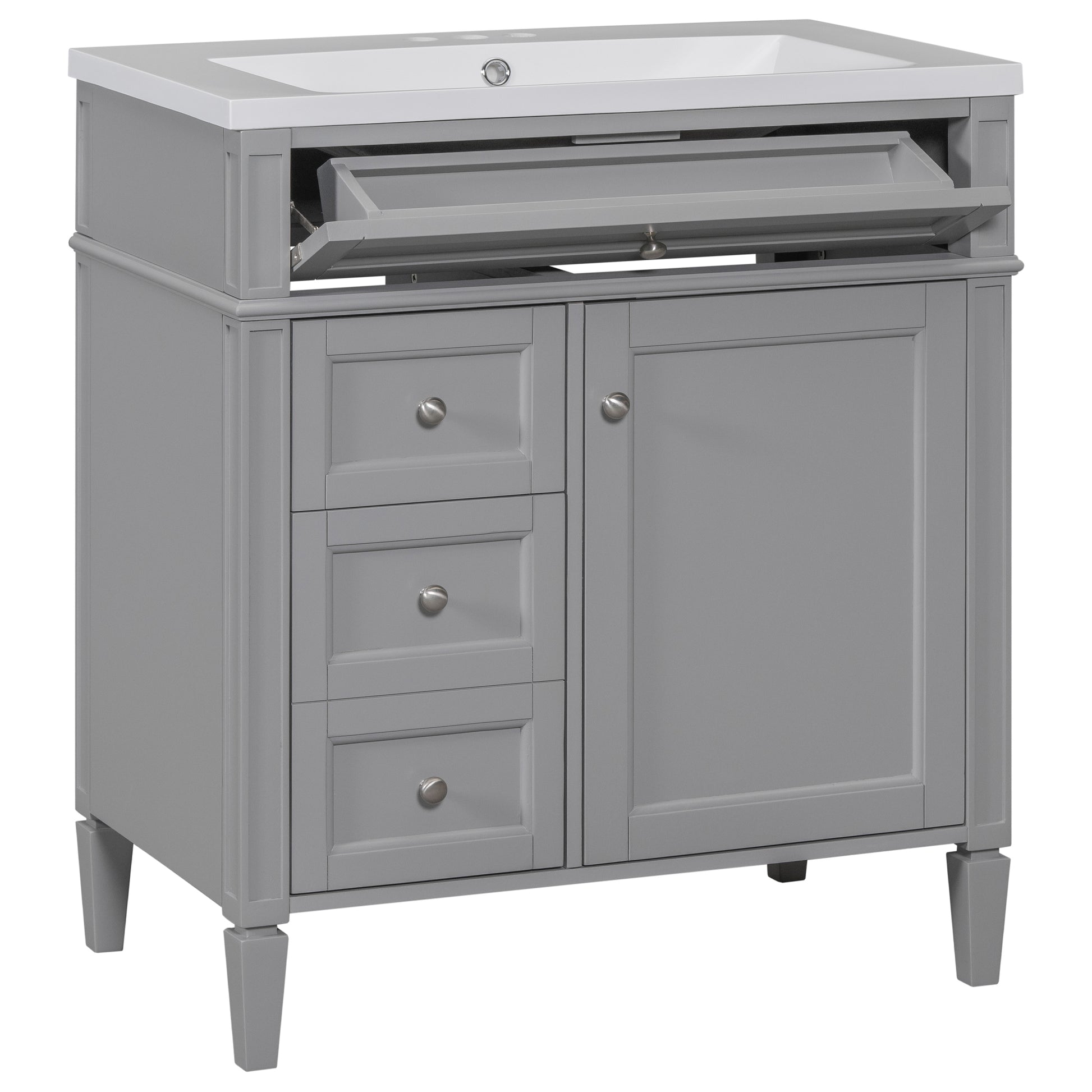 30'' Bathroom Vanity With Top Sink, Modern Bathroom Storage Cabinet With 2 Drawers And A Tip Out Drawer, Single Sink Bathroom Vanity Grey Mdf