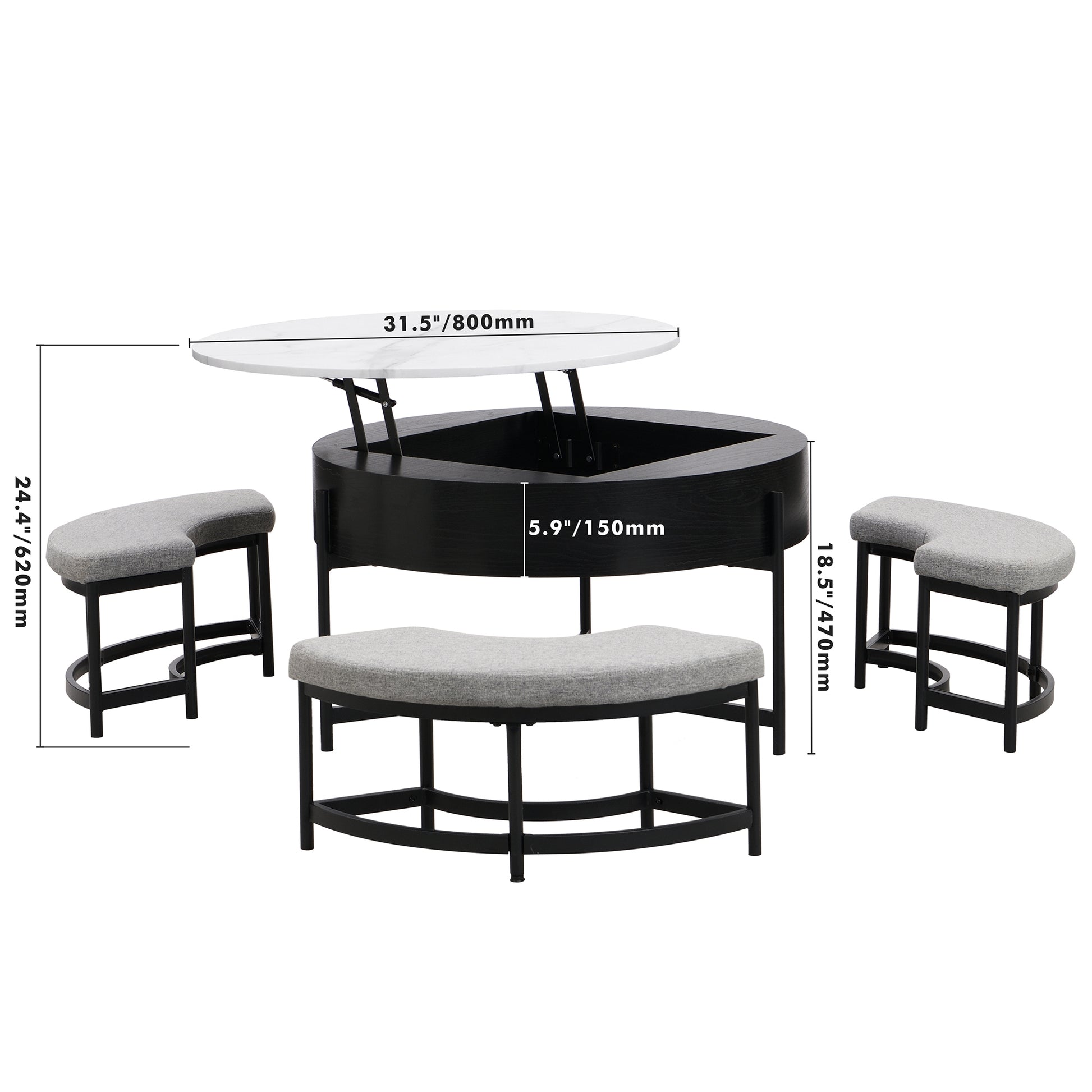 Modern Round Lift Top Coffee Table With Storage & 3 Ottoman White & Black Black Mdf