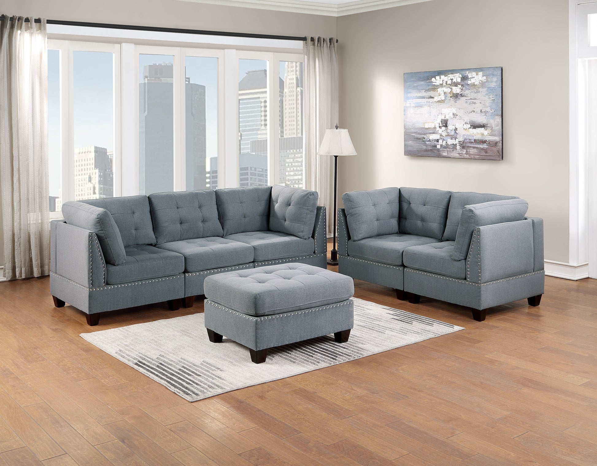 Modular Sofa Set 6Pc Set Living Room Furniture Sofa Loveseat Tufted Couch Nail Heads Gray Linen Like Fabric 4X Corner Wedge 1X Armless Chair And 1X Ottoman Gray Linen Primary Living Space Tufted Back Contemporary,Modern Modular Fabric 6 Seat