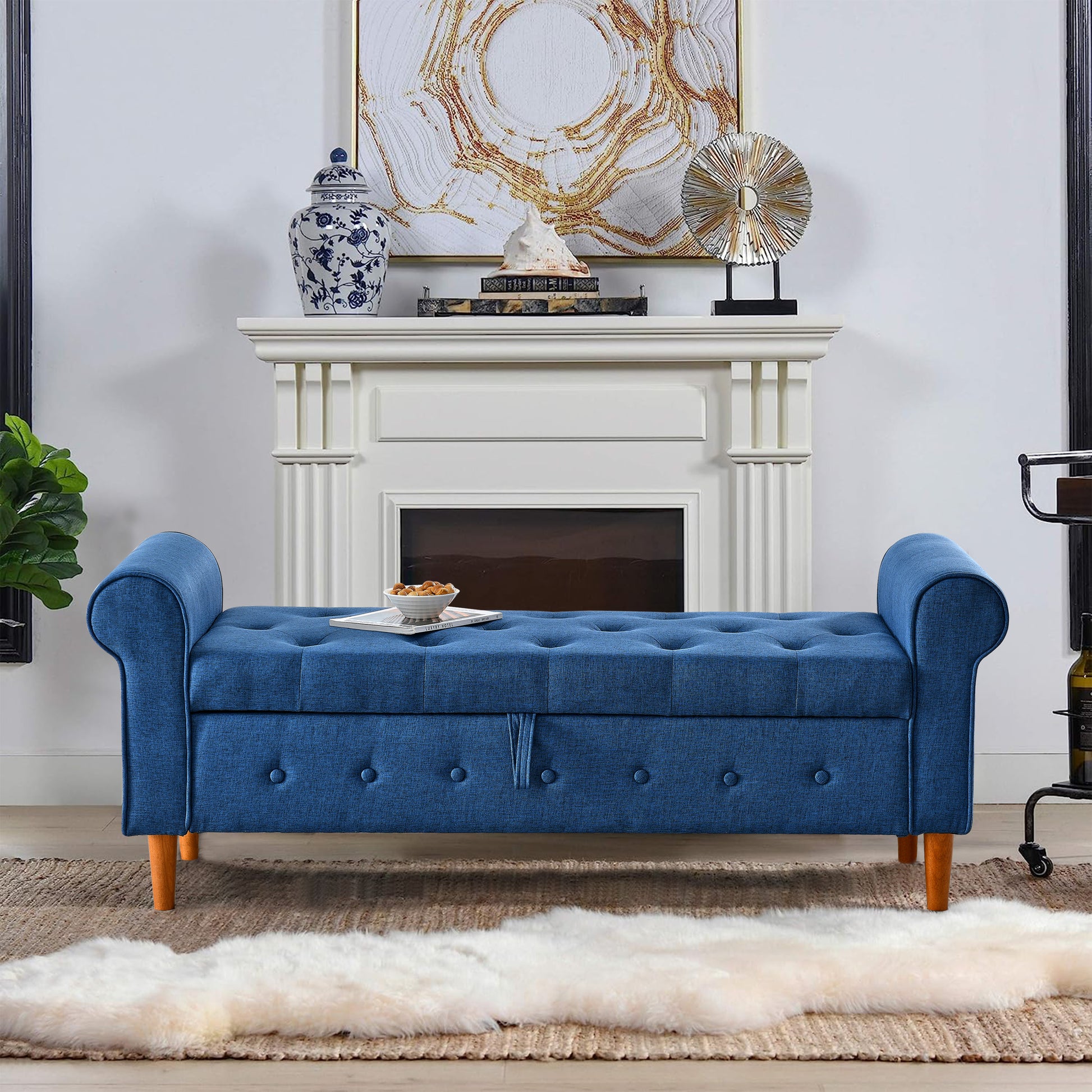 62" Bedroom Tufted Button Storage Bench, Modern Fabric Upholstered Ottoman, Window Bench, Rolled Arm Design For Bedroom, Living Room, Foyer Blue Blue Light Brown Primary Living Space American Design,Luxury Eucalyptus Foam Fabric