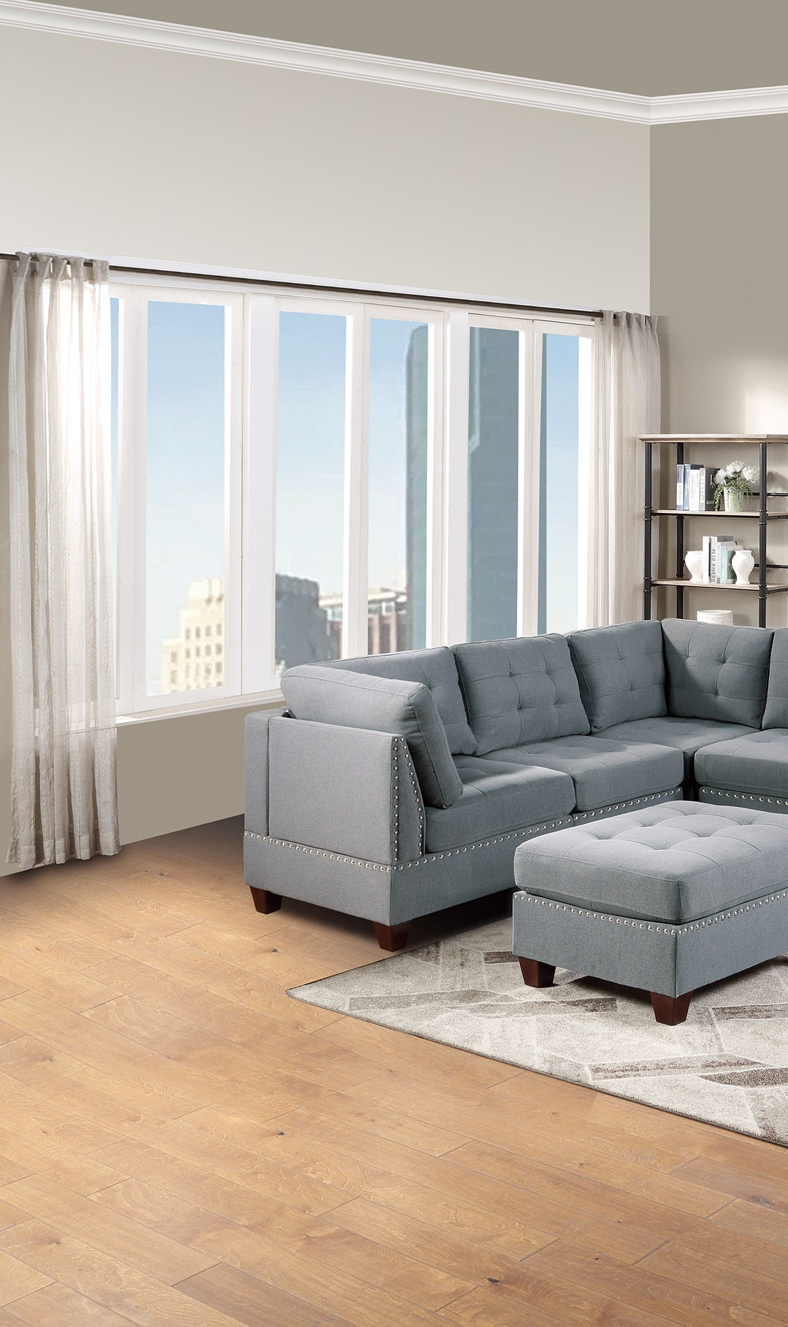 Modular Sectional 9Pc Set Living Room Furniture Corner Sectional Tufted Nail Heads Couch Gray Linen Like Fabric 3X Corner Wedge 4X Armless Chairs And 2X Ottomans Gray Primary Living Space Contemporary,Modern Fabric 9 Seat