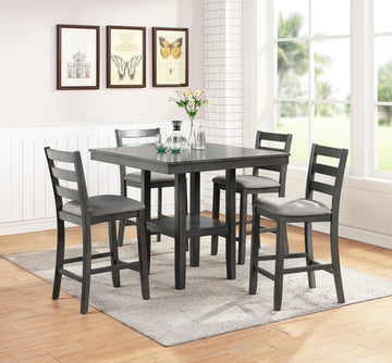 Classic Dining Room Furniture Gray Finish Counter Height 5Pc Set Square Dining Table W Shelves Cushion Seat Ladder Back High Chairs Solid Wood Gray Wood Dining Room Solid Wood Rubberwood Square Dining Table With Chair Wood Wood Grey Ladder Back Seats 4