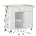 Kitchen Island With Power Outlet,Kitchen Storage Island With Drop Leaf And Rubber Wood,Open Storage And Wine Rack,5 Wheels,With Adjustable Storage For Home, Kitchen, And Dining Room,White White Mdf