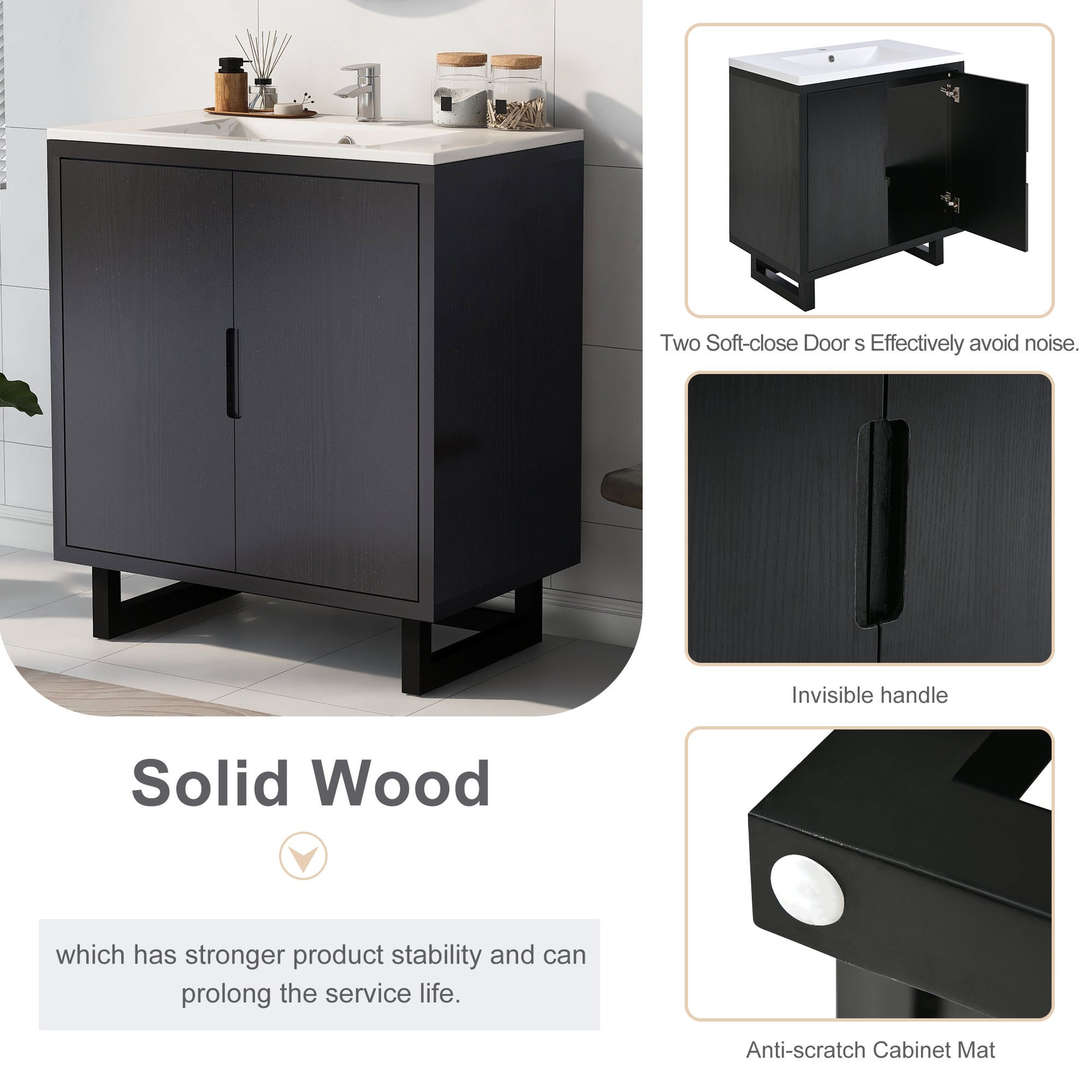 30" Bathroom Vanity Set With Sink, Combo Cabinet, Bathroom Storage Cabinet, Solid Wood Frame Black Bathroom Solid Wood Mdf