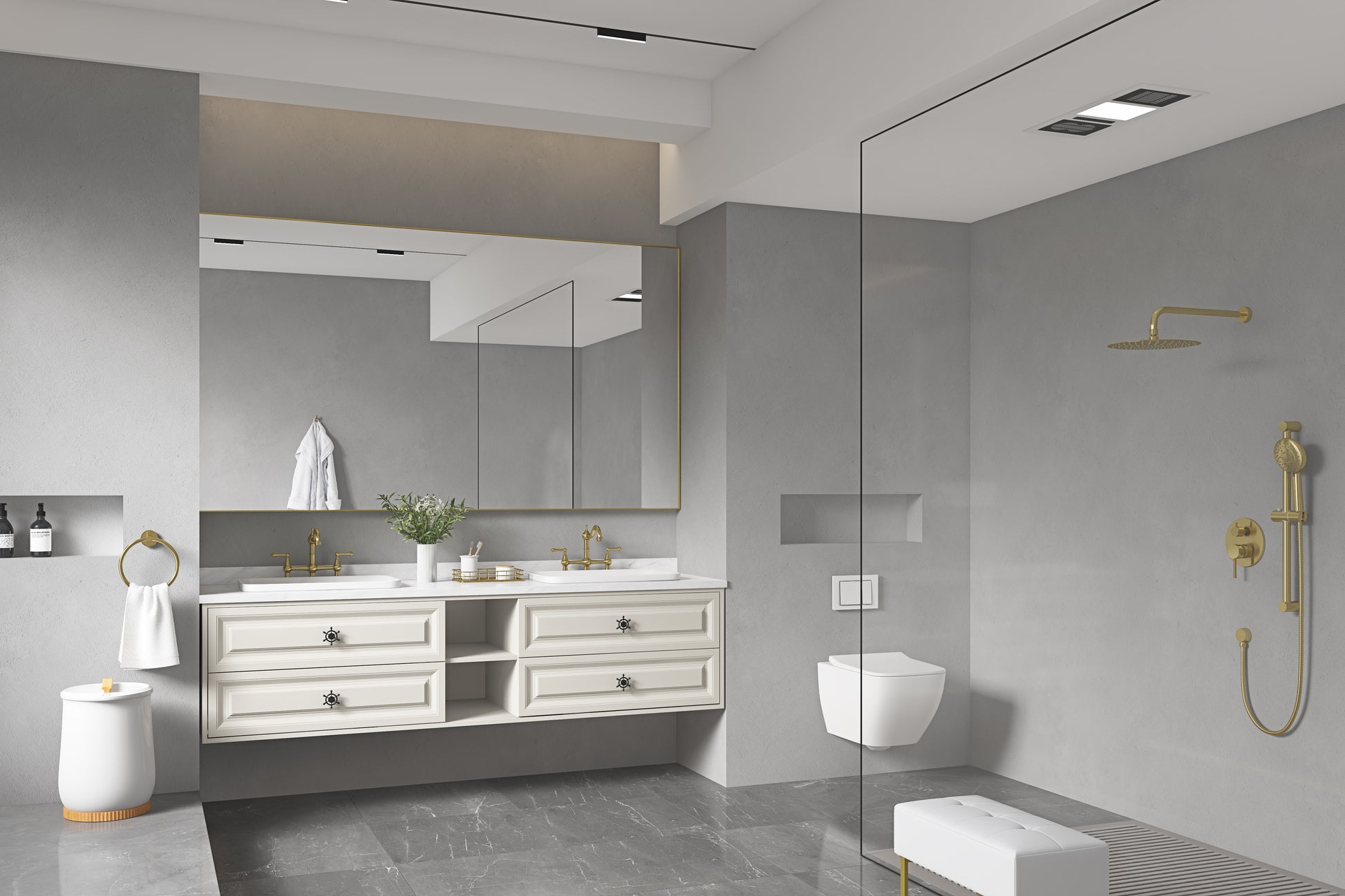 96In. W X 23 In. D X21 In. H Double Bath Vanity In With White Carrara Top With White Sink Khaki Abs Steel Q235 Wood Pvc