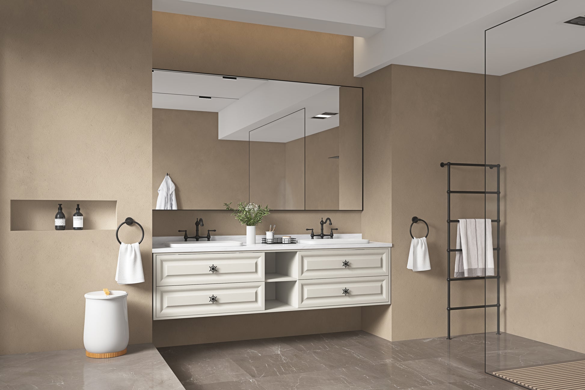96*23*21in Wall Hung Doulble Sink Bath Vanity Cabinet khaki-abs+steel(q235)+wood+pvc