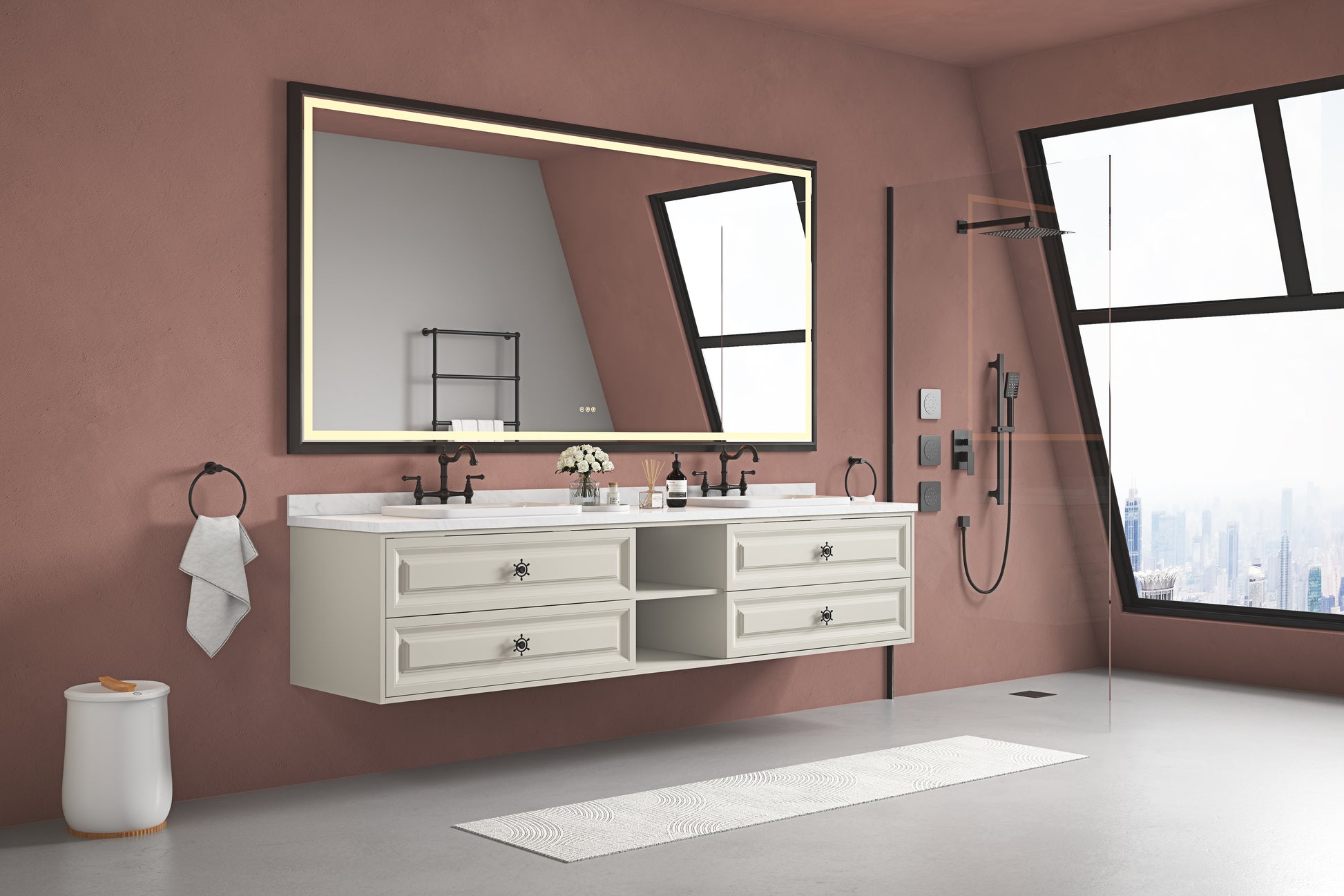 96In. W X 23 In. D X21 In. H Double Bath Vanity In With White Carrara Top With White Sink Khaki Abs Steel Q235 Wood Pvc