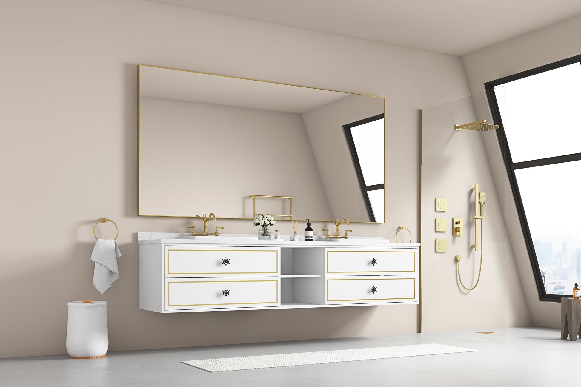 96 In. W X 23 In. D X21 In. H Double Bath Vanity In With White Carrara Top With White Sink White Abs Steel Q235 Wood Pvc