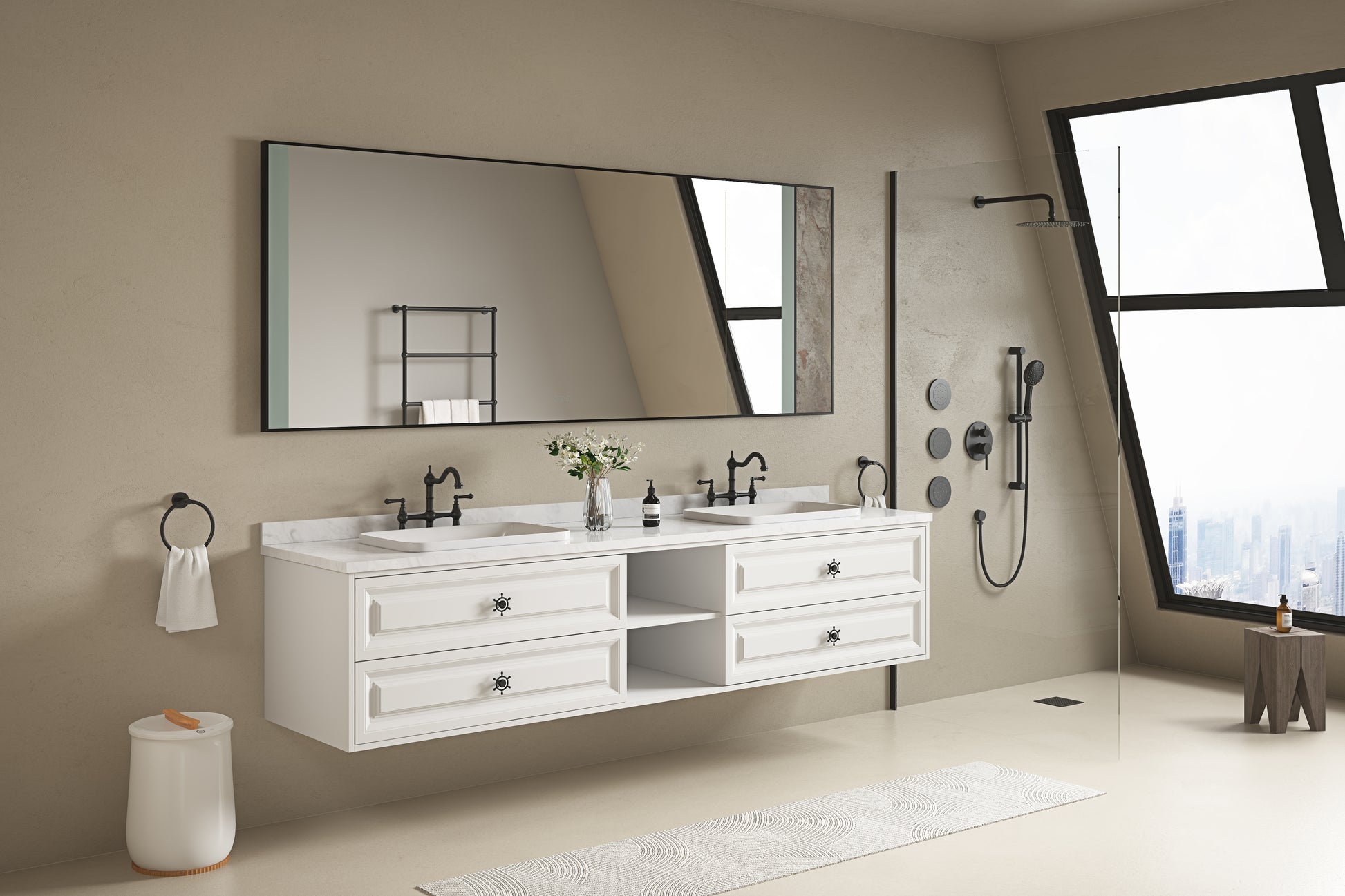 96 In. W X 23 In. D X21 In. H Double Bath Vanity In With White Carrara Top With White Sink White Abs Steel Q235 Wood Pvc