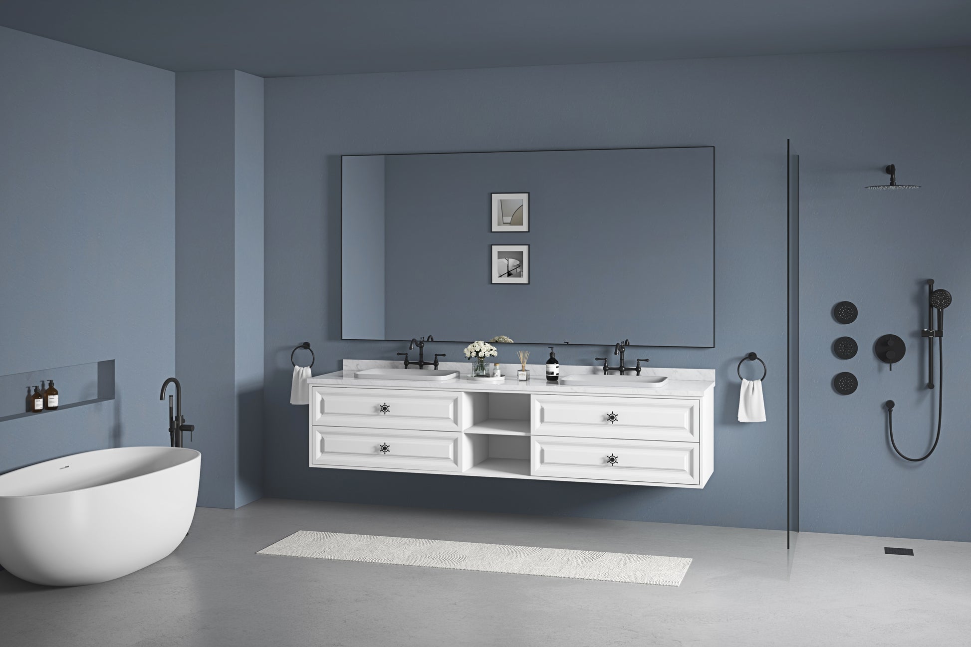 96 In. W X 23 In. D X21 In. H Double Bath Vanity In With White Carrara Top With White Sink White Abs Steel Q235 Wood Pvc