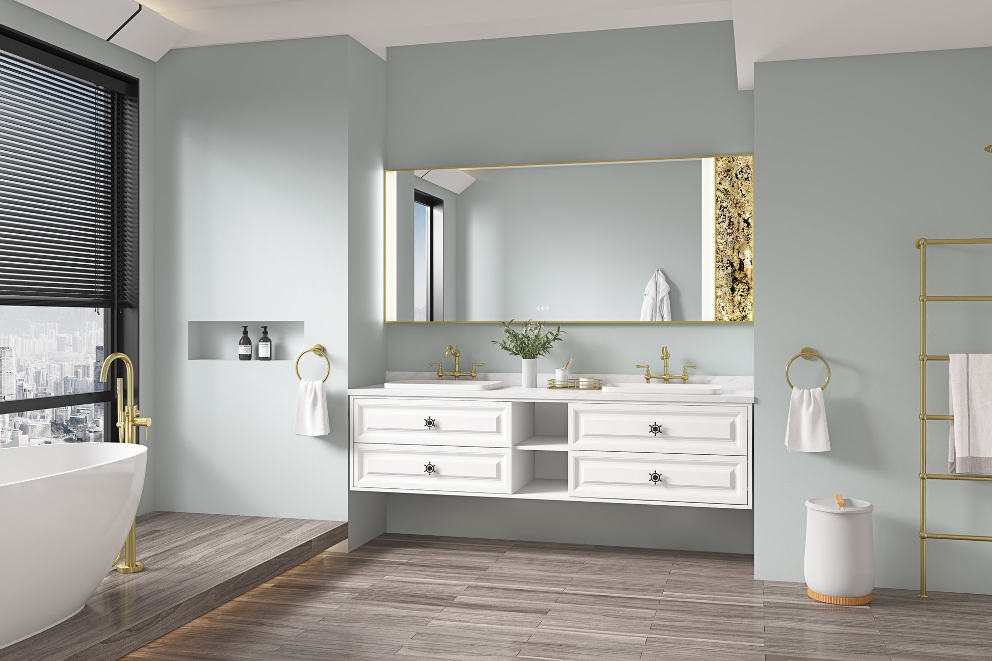 84*23*21in Wall Hung Doulble Sink Bath Vanity Cabinet white-abs+steel(q235)+wood+pvc