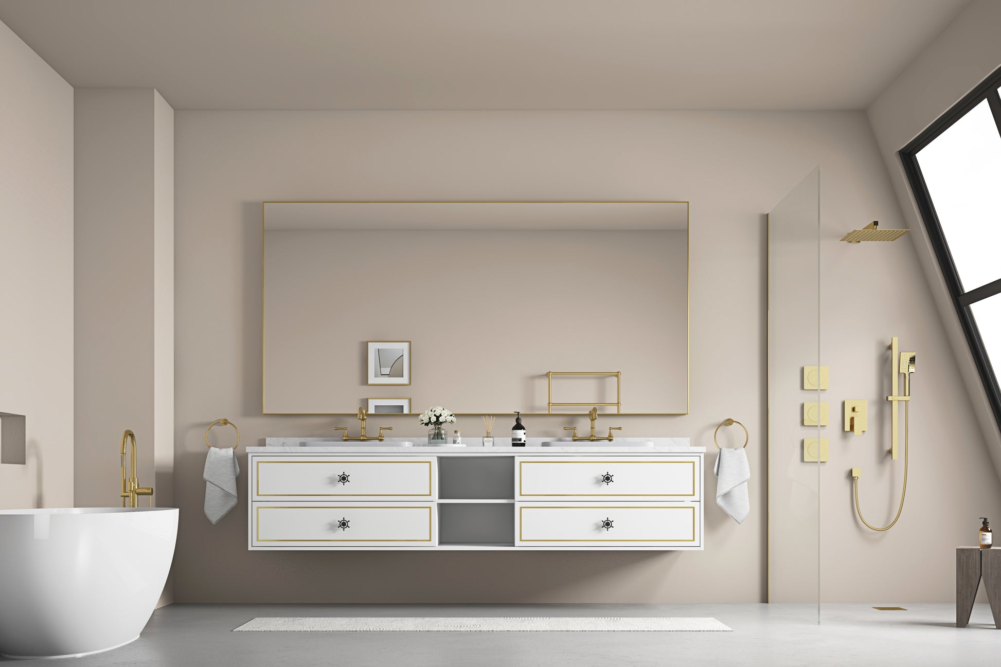 96 In. W X 23 In. D X21 In. H Double Bath Vanity In With White Carrara Top With White Sink White Abs Steel Q235 Wood Pvc