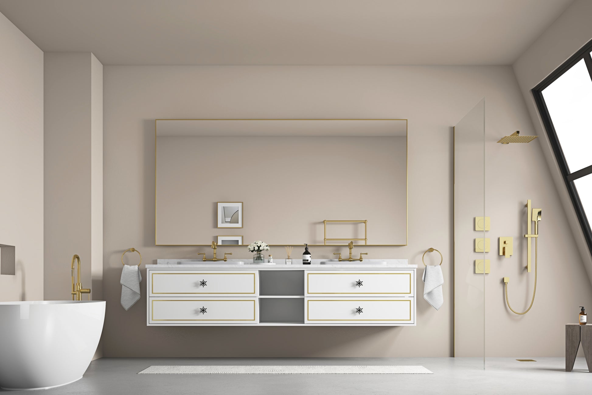 96*23*21inWall Hung Doulble Sink Bath Vanity Cabinet white-abs+steel(q235)+wood+pvc