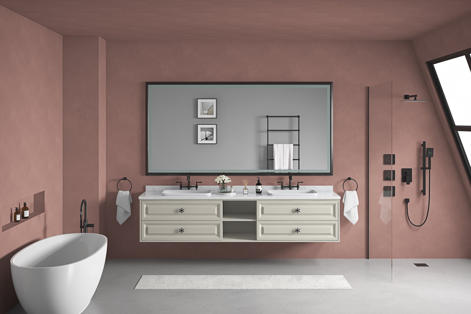 96In. W X 23 In. D X21 In. H Double Bath Vanity In With White Carrara Top With White Sink Khaki Abs Steel Q235 Wood Pvc