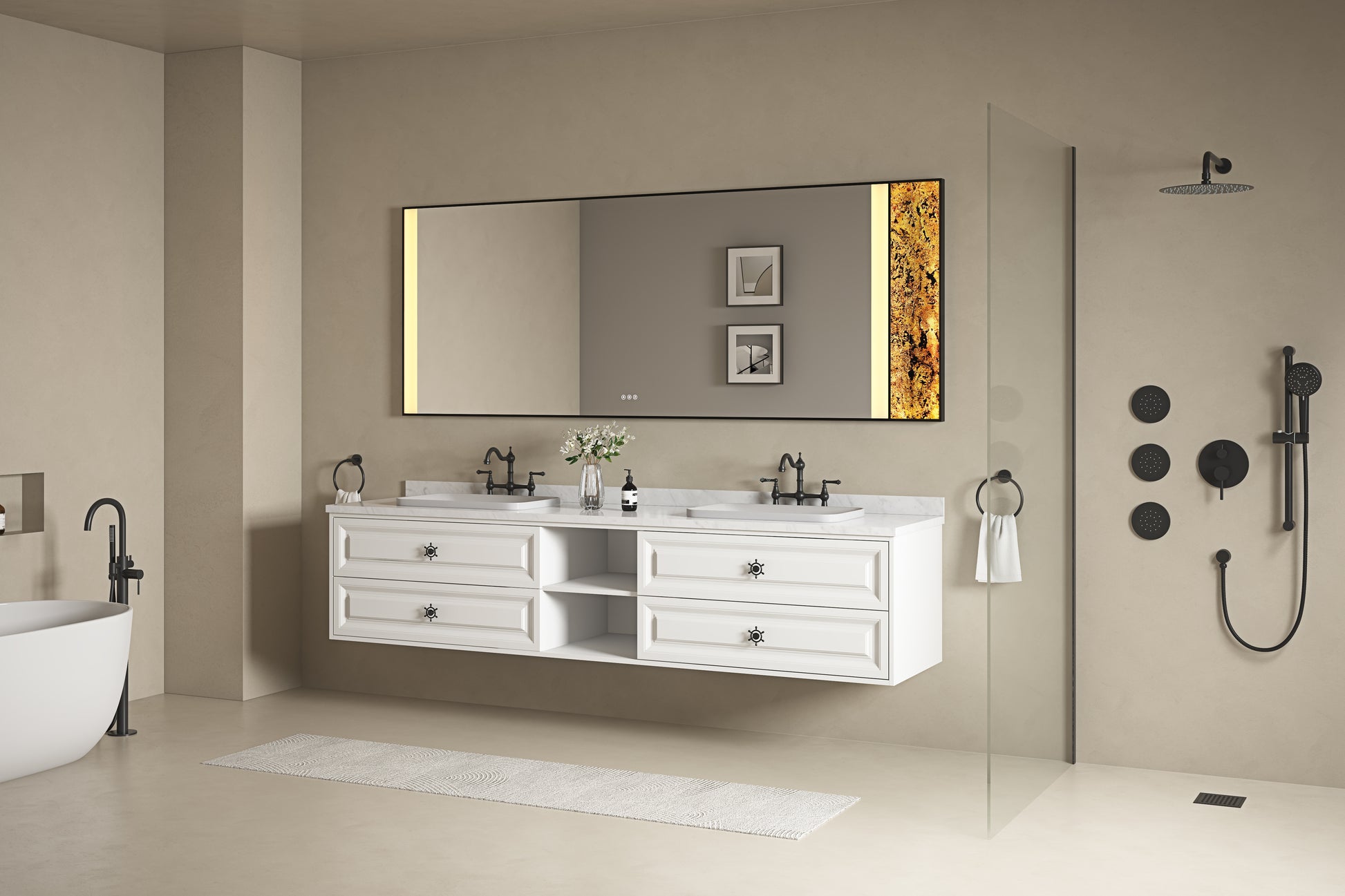 96 In. W X 23 In. D X21 In. H Double Bath Vanity In With White Carrara Top With White Sink White Abs Steel Q235 Wood Pvc