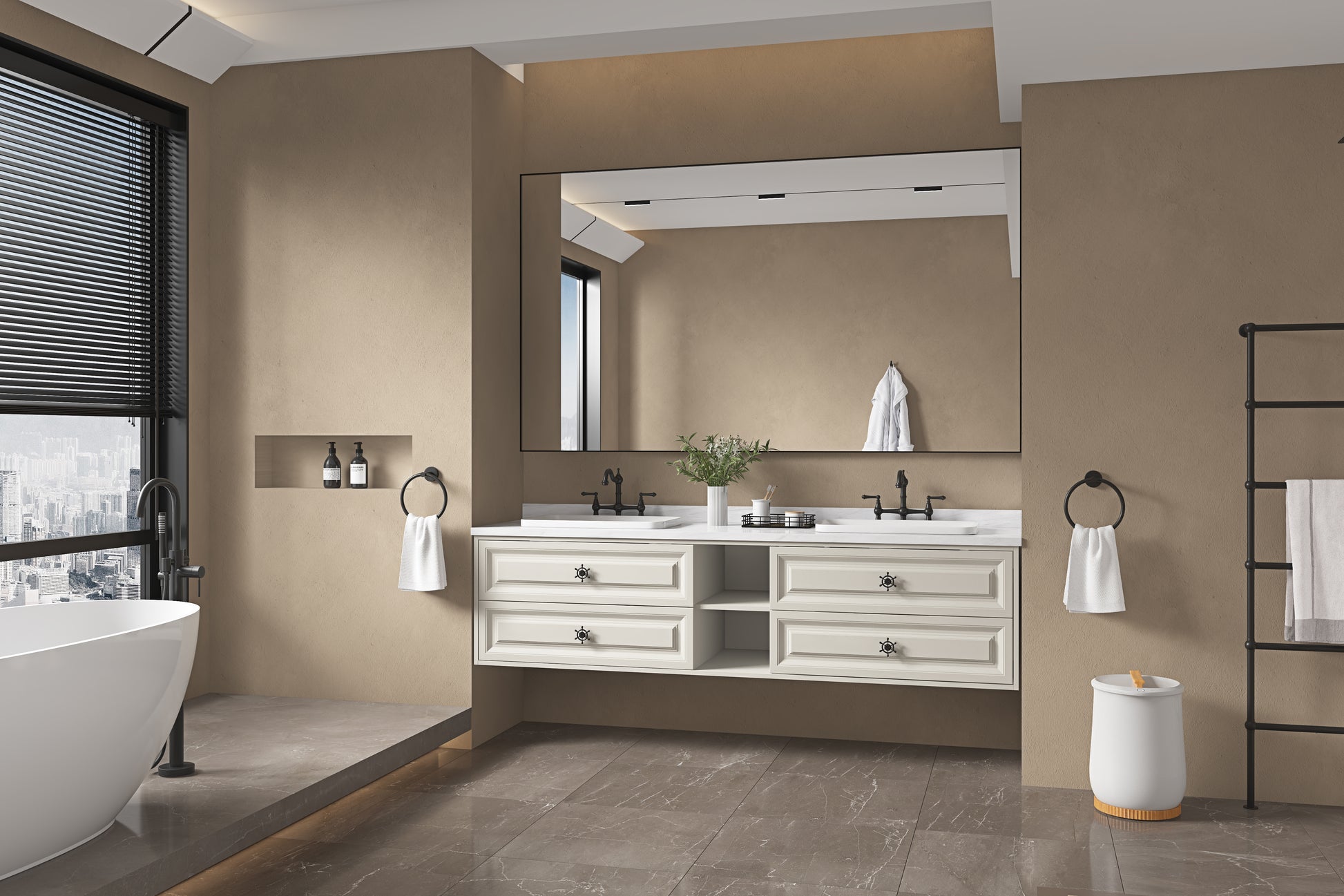 96In. W X 23 In. D X21 In. H Double Bath Vanity In With White Carrara Top With White Sink Khaki Abs Steel Q235 Wood Pvc