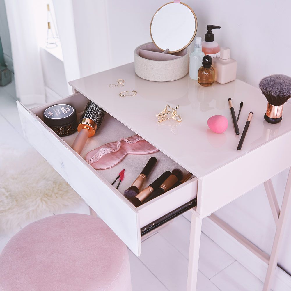 Tempered Glass Marble Pattern Small Makeup Table Dressing Table Nightstands Bedroom Livingroom Furniture Pink White Wood Glass