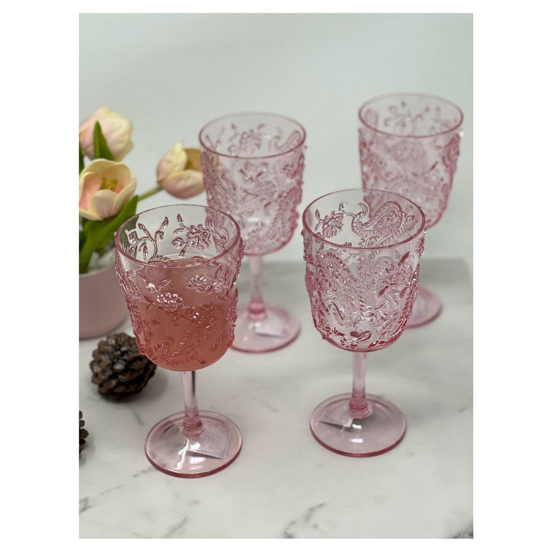 Paisley Plastic Wine Glasses Set of 4 13oz , BPA Free pink-acrylic