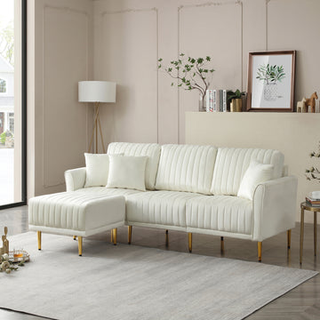 L Shaped Sectional Sofa Couch With Velvet Fabric, Reversible Sectional Sofa Couch For Small Space, Cream Color Cream Foam Velvet