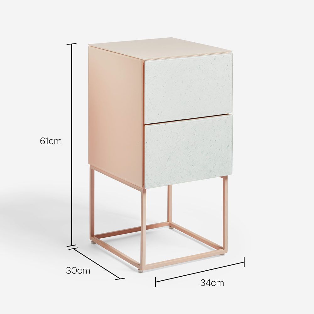 Tempered Glass Marble Stone Double Drawer Bedside Table For Bedroom, Living Room Pink White Mdf Glass