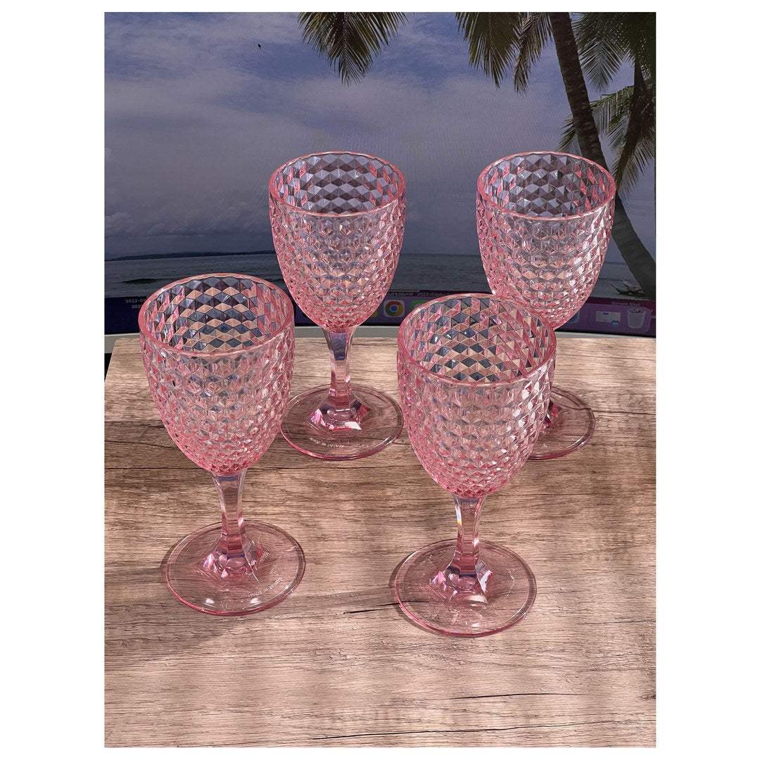 Diamond Cut Plastic Wine Glasses Set Of 4 12Oz , Bpa Free Acrylic Wine Glass Set, Unbreakable Red Wine Glasses, White Wine Glasses Pink Acrylic