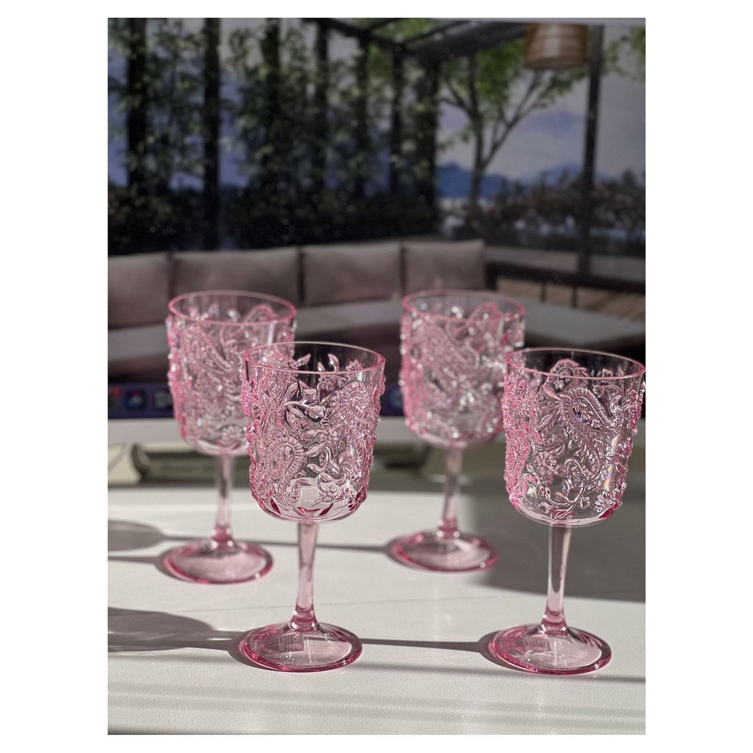 Paisley Plastic Wine Glasses Set of 4 13oz , BPA Free pink-acrylic