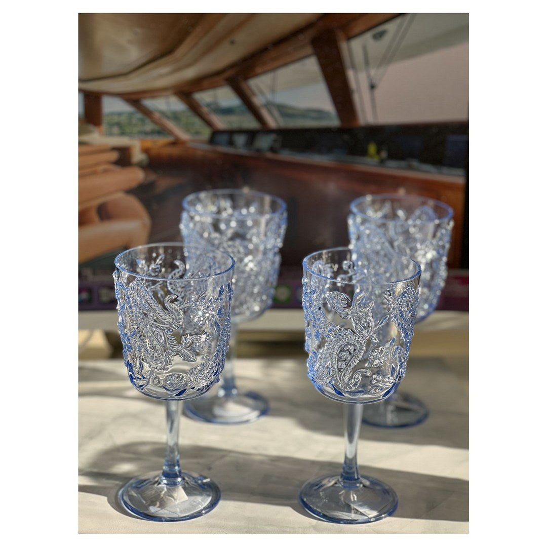 Paisley Plastic Wine Glasses Set of 4 13oz , BPA Free blue-acrylic