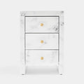 Tempered Glass Nightstand, Marble Nightstand With 3 Drawers,Side Table For Bedroom, Living Room Matte White Mdf