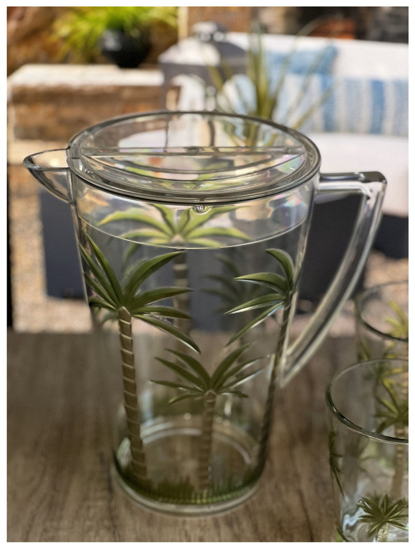 2.75 Quarts Water Pitcher With Lid, Palm Tree Design Unbreakable Plastic Pitcher, Drink Pitcher, Juice Pitcher With Spout Bpa Free Clear Acrylic