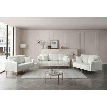 Modern Upholstered Sofa 3 Seater Couches And 2 Set Of 2 Seater Couchses For Living Room Sectional Sofas W Throw Pillows And Gold Metal Legs, Cream Velvet Cream Foam Velvet