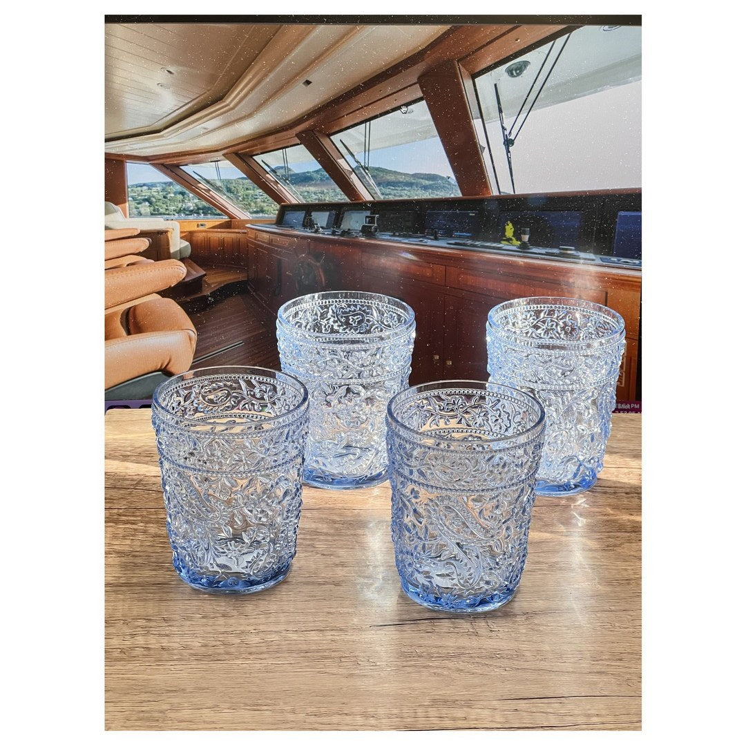 Paisley Acrylic Glasses Drinking Set Of 4 Dof 13Oz , Plastic Drinking Glasses, Bpa Free Cocktail Glasses, Drinkware Set, Drinking Water Glasses Blue Acrylic