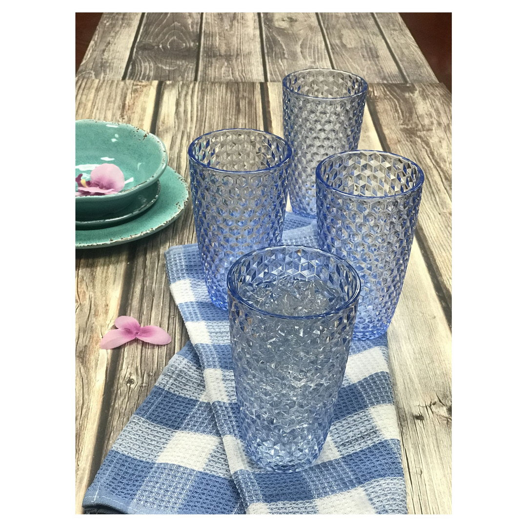 Diamond Cut Acrylic Glasses Drinking Set Of 4 19Oz , Plastic Drinking Glasses, Bpa Free Cocktail Glasses, Drinkware Set, Drinking Water Glasses Blue Acrylic