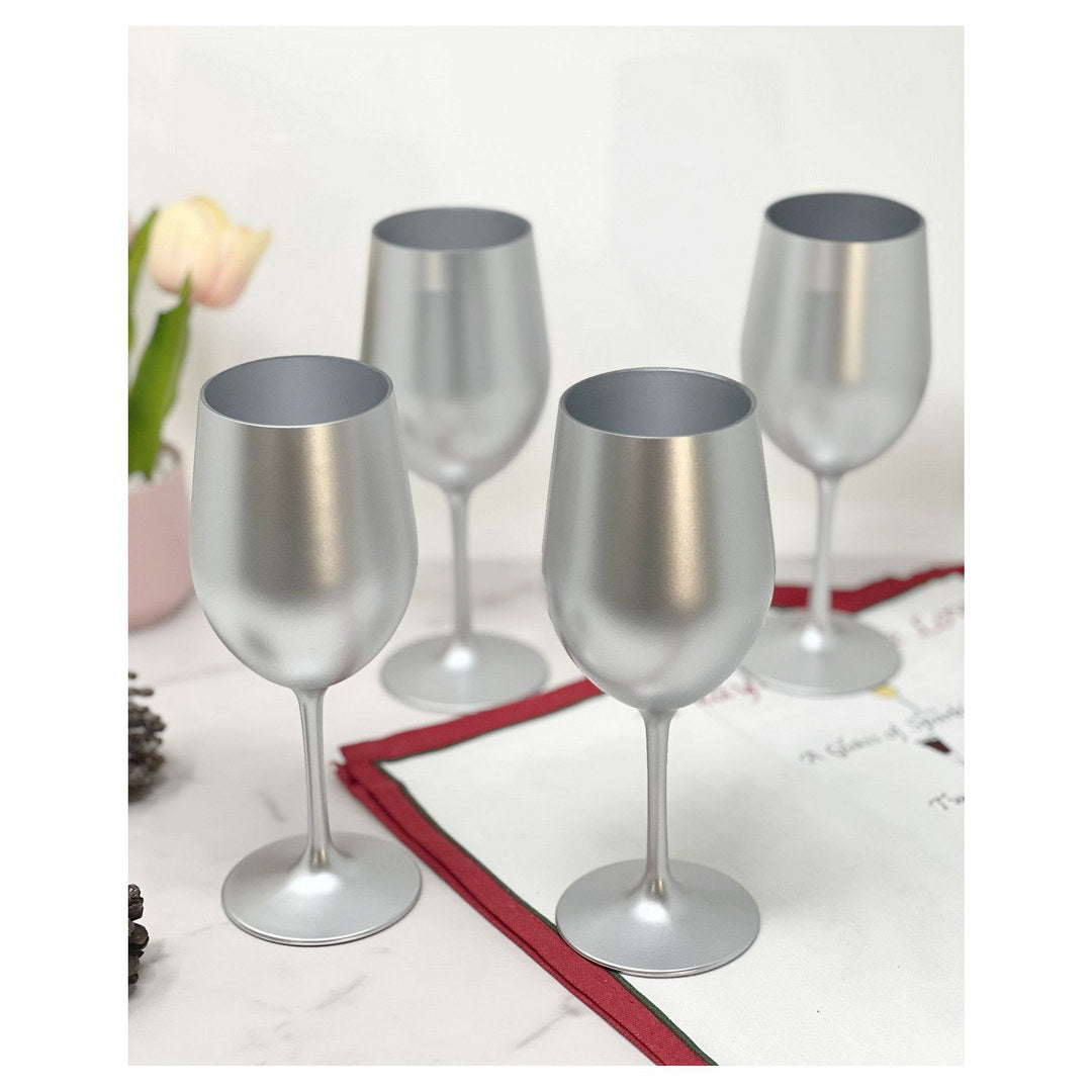 Metallic Silver Color Plastic Wine Glasses Set Of 4 12Oz , Bpa Free Acrylic Wine Glass Set, Unbreakable Red Wine Glasses, White Wine Glasses Silver Acrylic