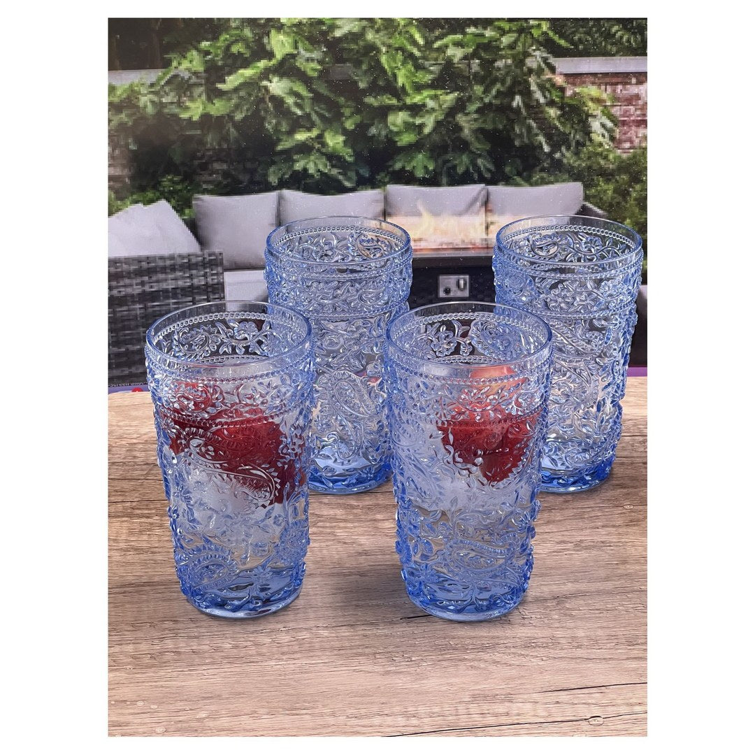 Paisley Acrylic Glasses Drinking Set Of 4 Hi Ball 17Oz , Plastic Drinking Glasses, Bpa Free Cocktail Glasses, Drinkware Set, Drinking Water Glasses Blue Acrylic