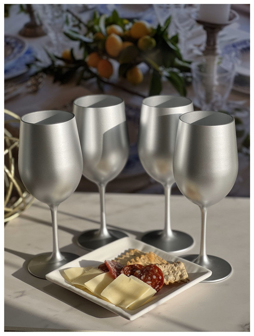 Metallic Silver Color Plastic Wine Glasses Set Of 4 12Oz , Bpa Free Acrylic Wine Glass Set, Unbreakable Red Wine Glasses, White Wine Glasses Silver Acrylic