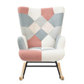 Accent Rocking Chair, Mid Century Fabric Rocker Chair With Wood Legs And Patchwork Linen For Livingroom Bedroom Pink Solid Wood